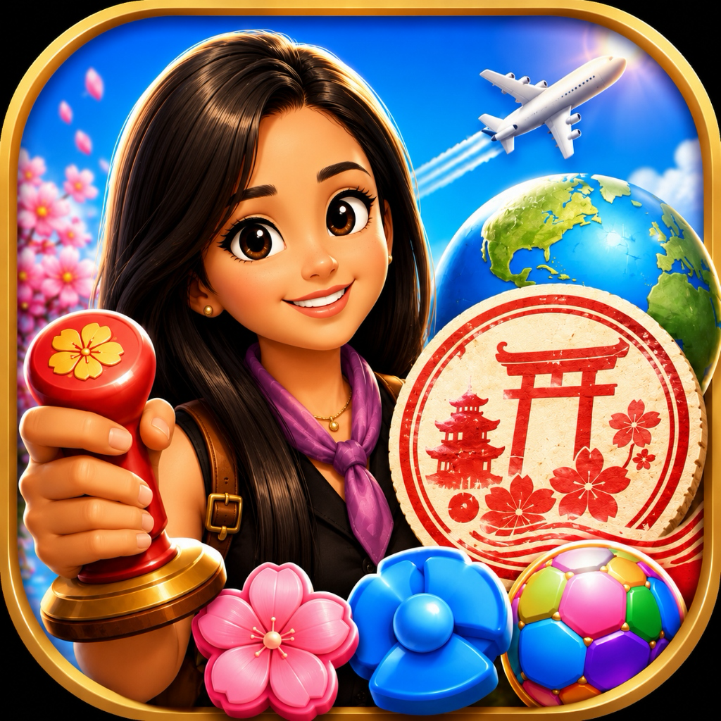 World Stamp Quest artwork: a traveller holding a Japan stamp, with a globe and colourful puzzle pieces.